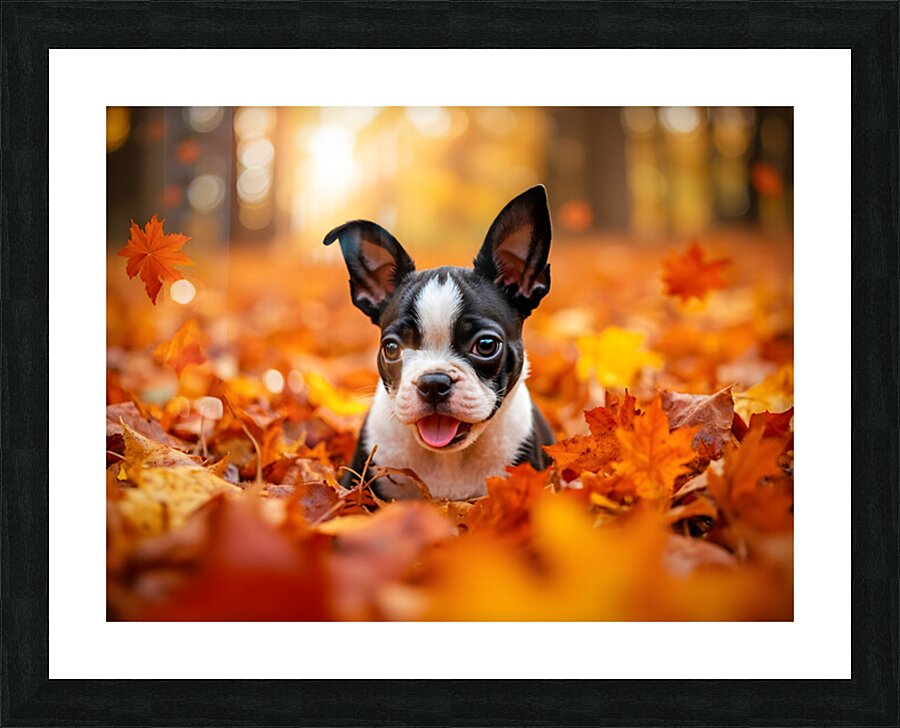 Boston Terrier Puppy Discovers Autumn Leaf Pile Impression et Cadre photo