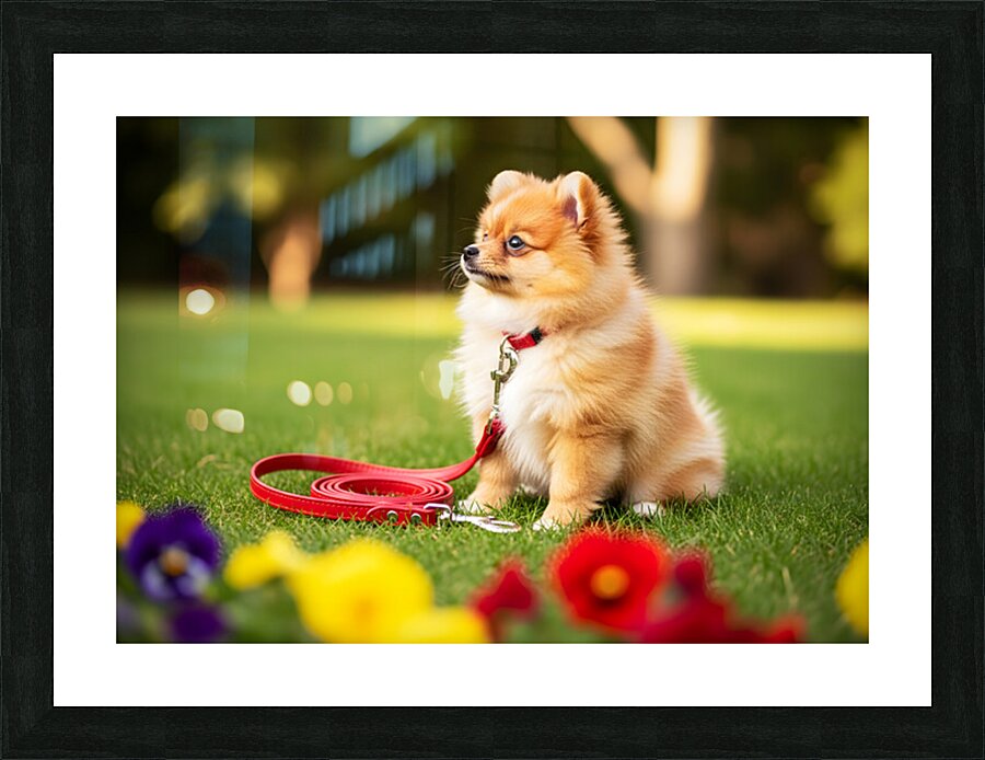 Pomeranian Puppy Discovers New Red Leash Impression et Cadre photo