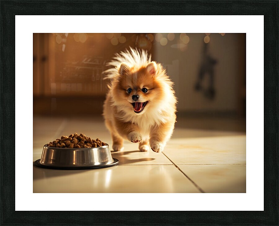 Excited Pomeranian Puppy Celebrates Full Food Bowl Impression et Cadre photo