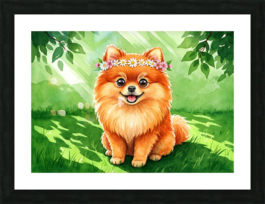 Pomeranian Puppy Discovers A Beautiful Flower Crown Picture Frame print