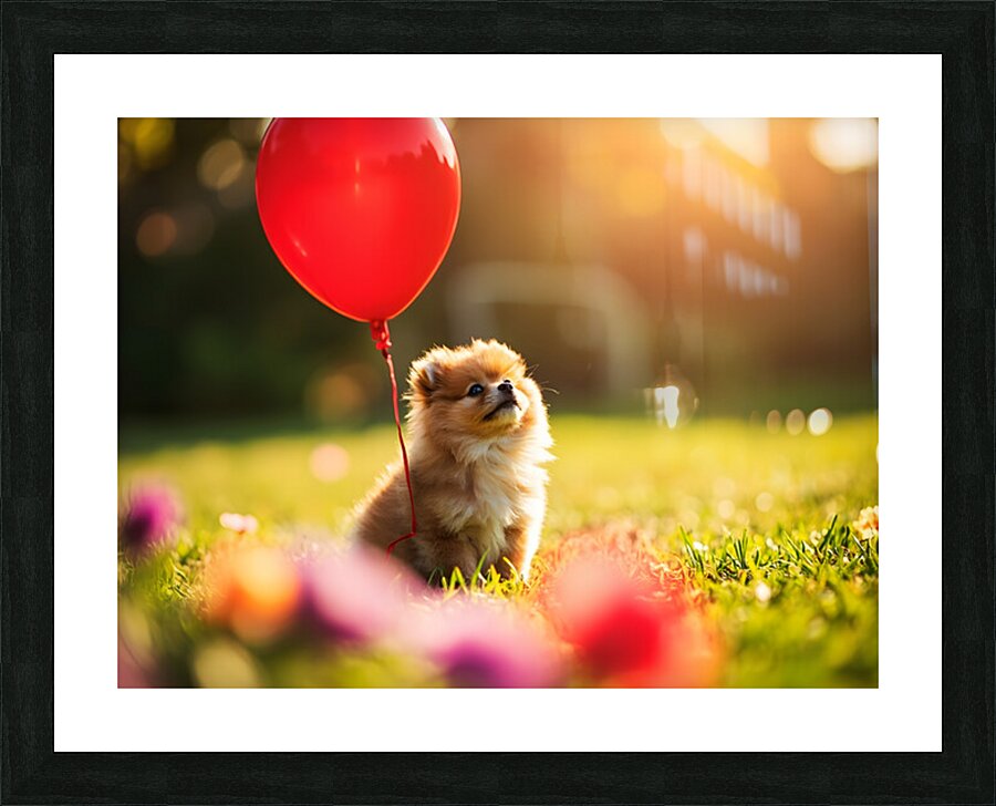 Pomeranian Puppy Discovers Floating Red Balloon Impression et Cadre photo