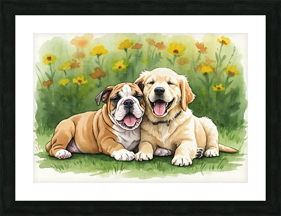 Bulldog Puppy Rests With New Best Friend Picture Frame print
