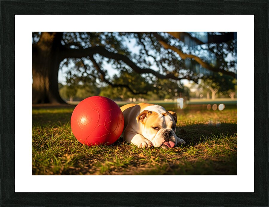 Exhausted BulldogPuppy Rests By Giant Ball Picture Frame print