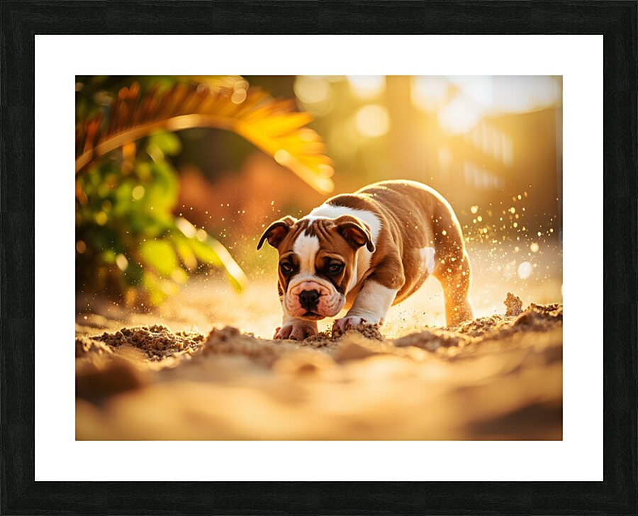 Bulldog Puppy Discovers Sandy Adventure Picture Frame print