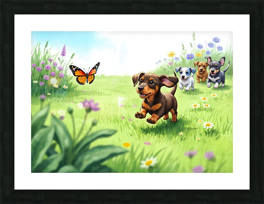 Dachshund Puppy Spots Beautiful Butterfly In Garden Impression et Cadre photo