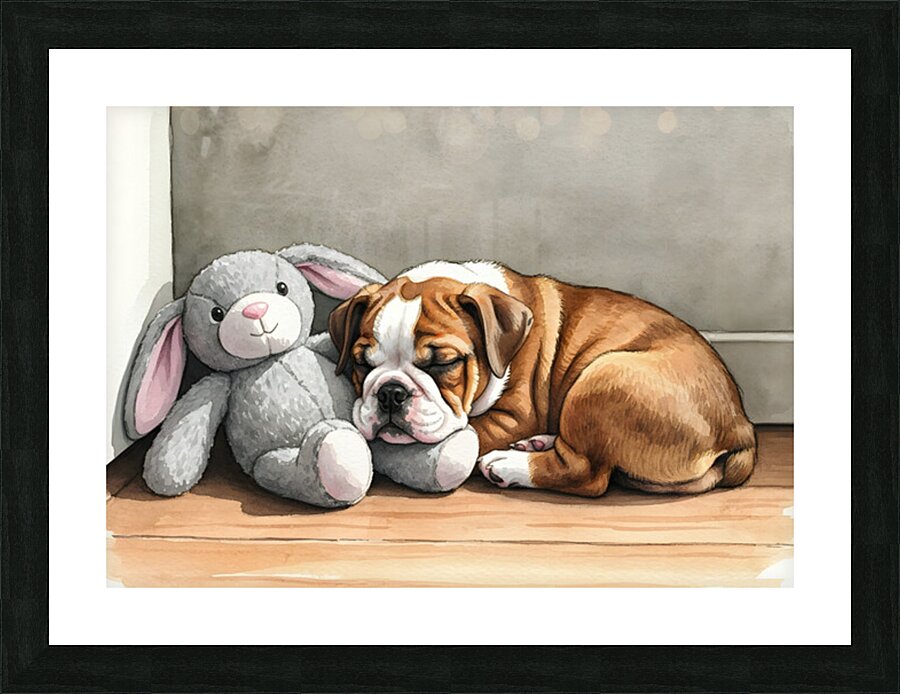 Bulldog Puppy Naps With His Beloved Rabbit Friend Impression et Cadre photo