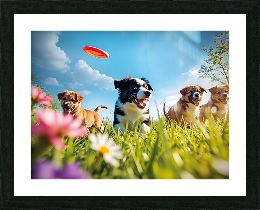 A black and white Border Collie puppy playing frisbee with his f Picture Frame print