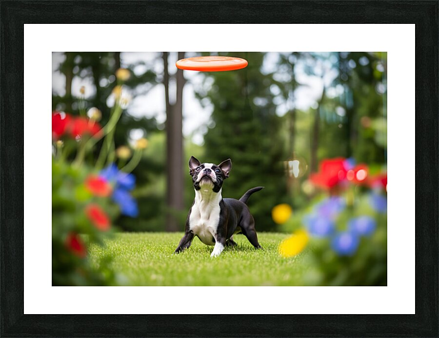Boston Terrier Puppy Ready To Leap For Frisbee Picture Frame print