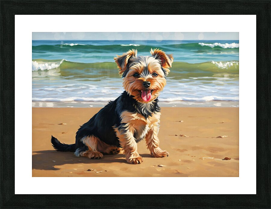 Tired Yorkshire Terrier Puppy Rests On Beach Impression et Cadre photo