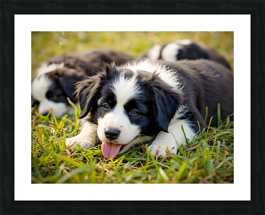 Happy Border Collie Puppy Rests After Playtime Picture Frame print