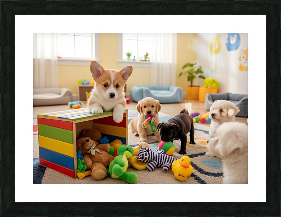 Corgi Puppy Discovers The Special Toy Box Picture Frame print