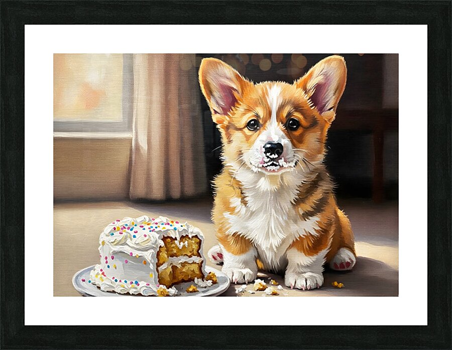 Happy Messy Corgi After Birthday Cake Picture Frame print