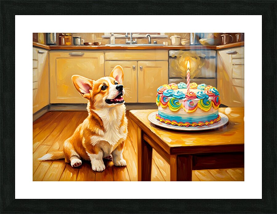 Corgi Puppy Discovers Birthday Cake Impression et Cadre photo