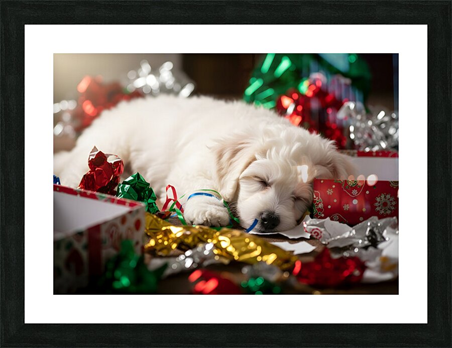 Sleepy Bichon Frise Puppy Naps Among Holiday Wrapping Picture Frame print