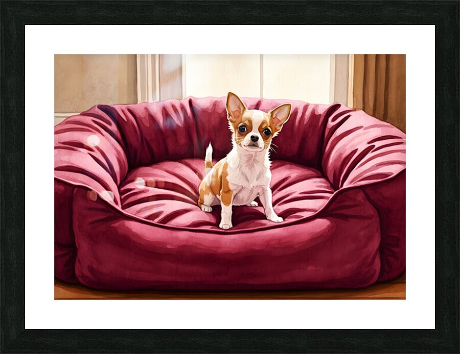 Tiny Chihuahua Puppy Discovers Giant Dog Bed Impression et Cadre photo