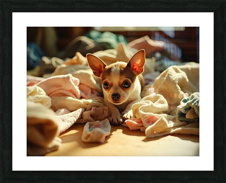 Chihuahua Puppy Discovers Laundry Adventure Picture Frame print