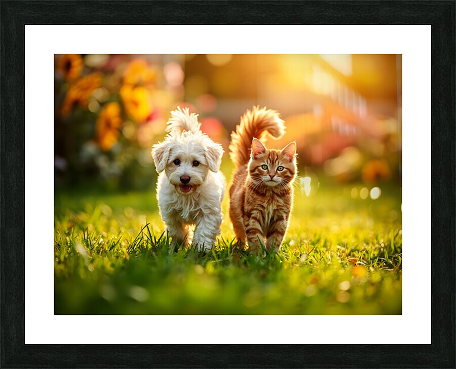 Bichon Frise Puppy And Cat Walk Together As Friends Impression et Cadre photo