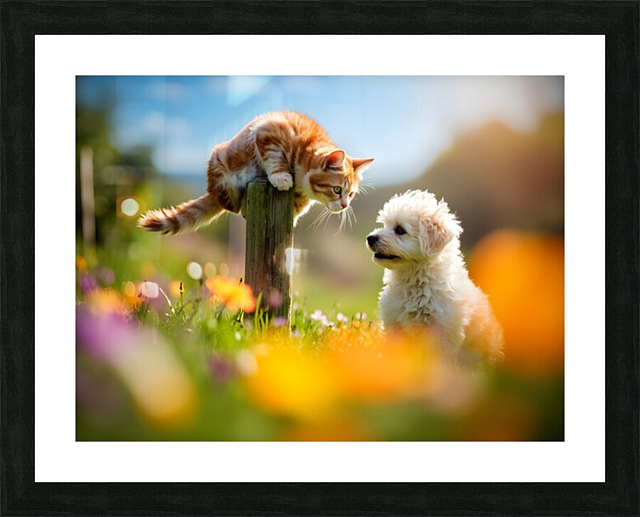Bichon Frise Puppy Meets Garden Cat Picture Frame print