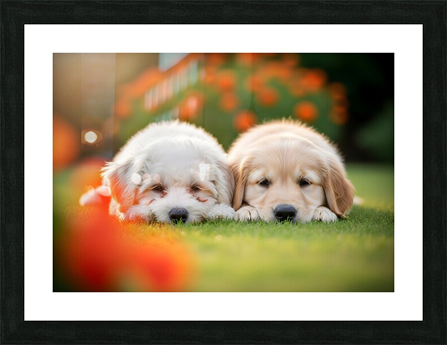 Tired Bichon Frise Puppies Resting After Playing In The Garden Impression et Cadre photo