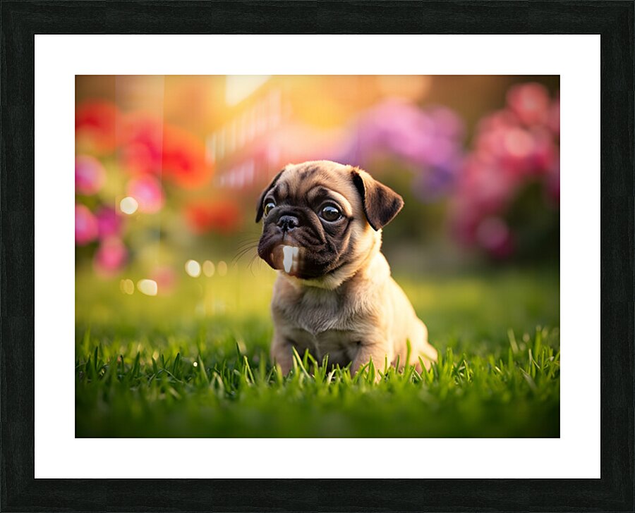 Pug Puppy Discovers Fun Game In Garden Picture Frame print