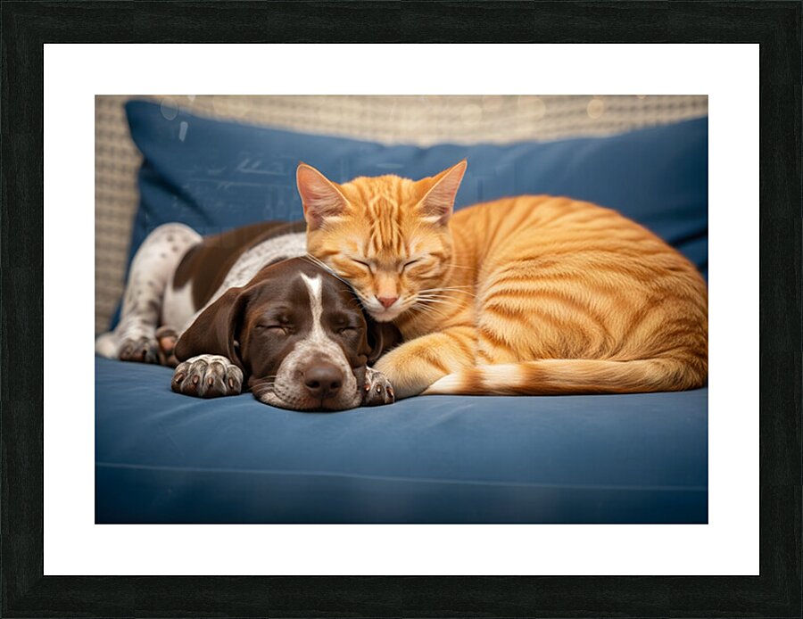 Puppy And Cat Snuggle Together Peacefully Impression et Cadre photo