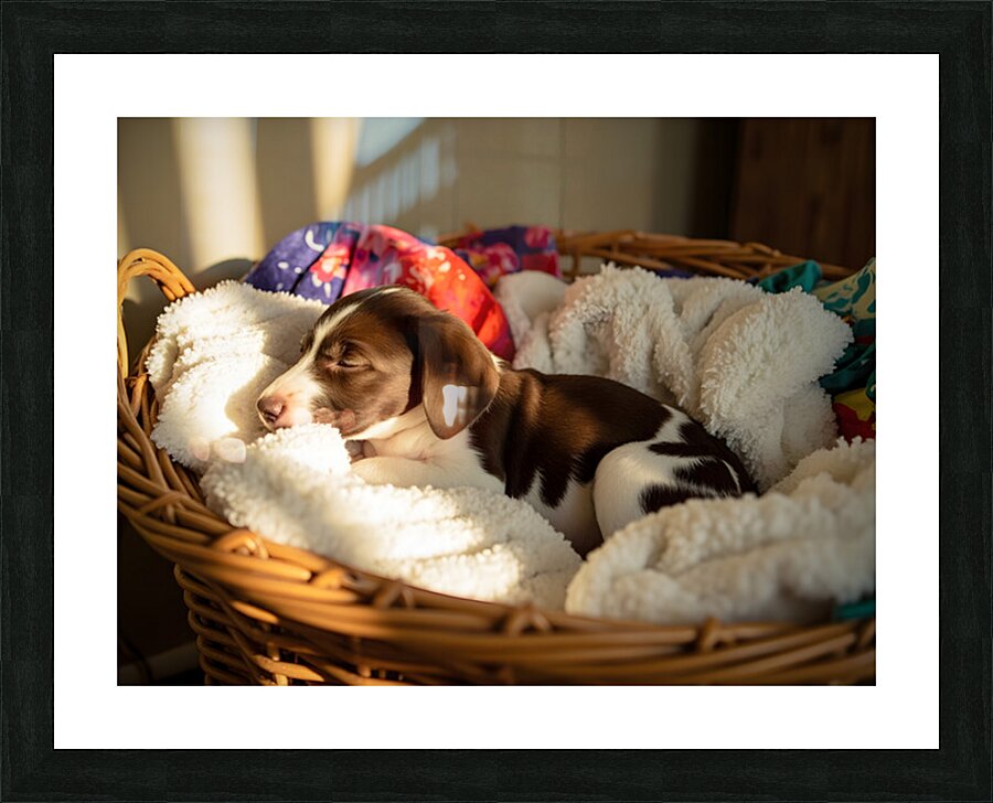 German Shorthaired Pointer Puppy Discovers Cozy Basket Impression et Cadre photo