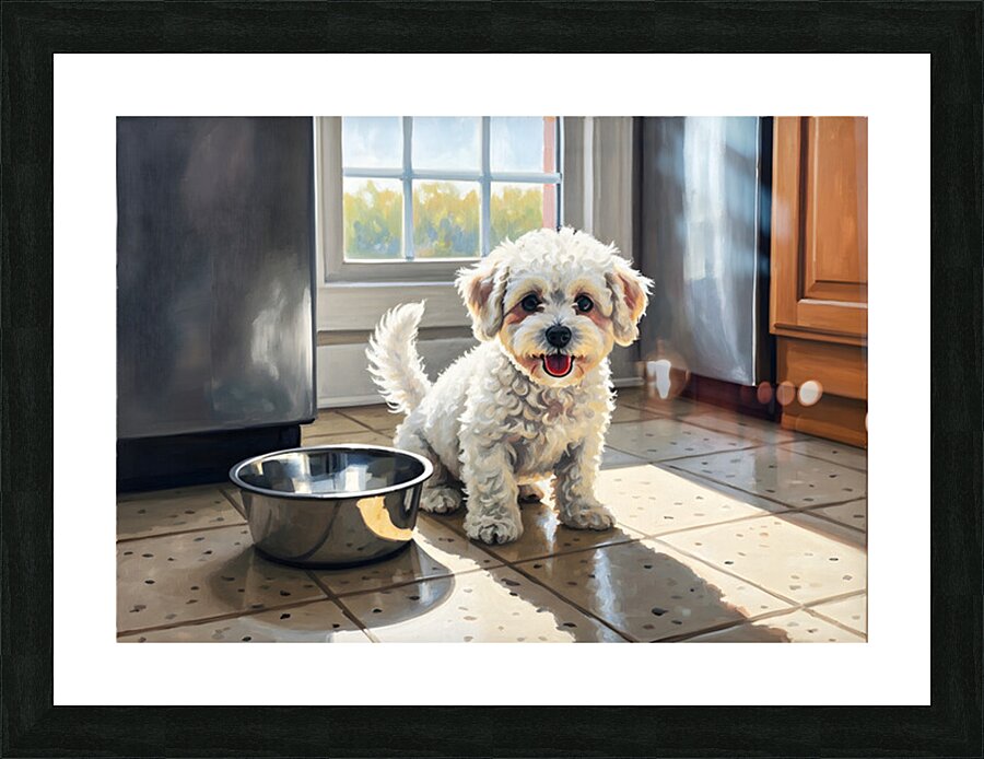 Bichon Frise Puppy Discovers Empty Food Bowl Picture Frame print