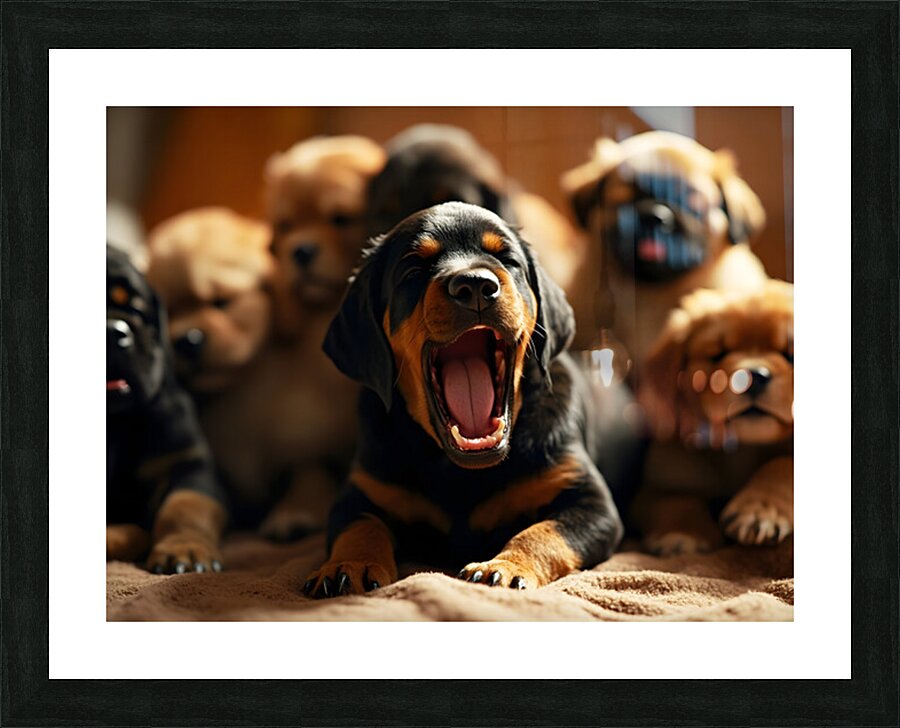 Rottweiler Puppys Big Yawn With Friends Picture Frame print