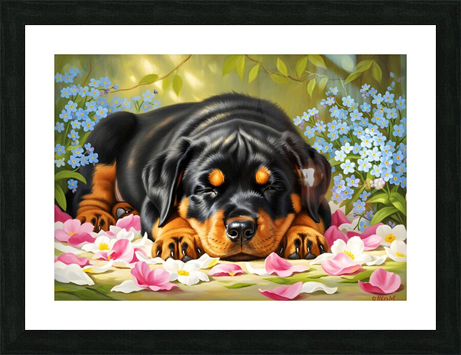Sleepy Rottweiler Puppy Rests In Flower Bed Picture Frame print