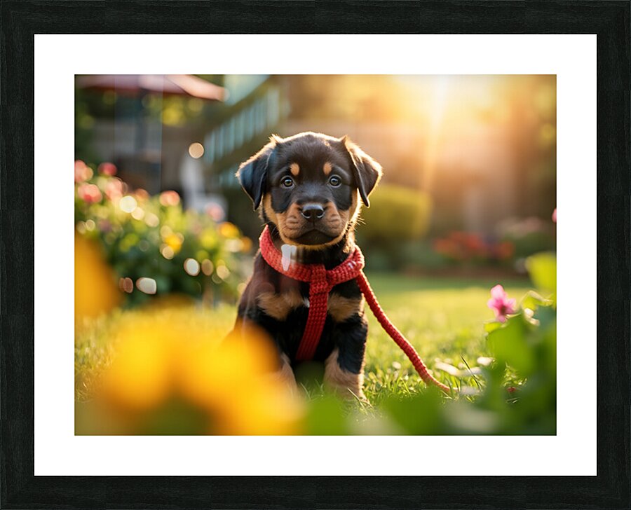 Rottweiler Puppy Gets Tangled In Red Leash Picture Frame print