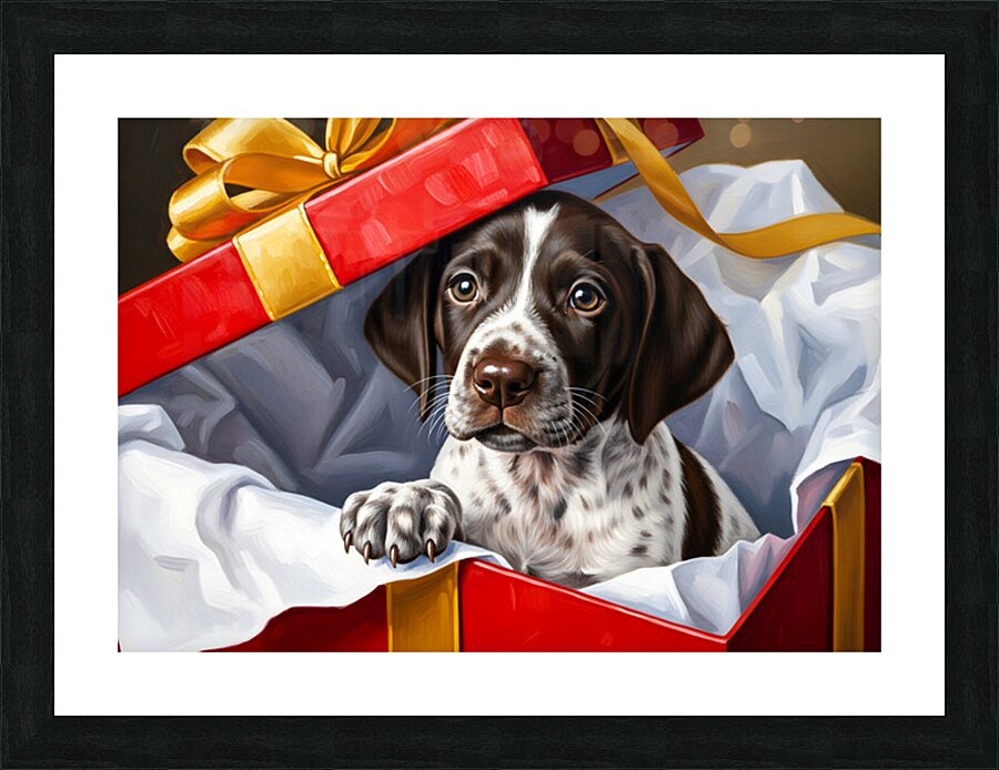 German Shorthaired Pointer Puppy Discovers Big Red Gift Box Impression et Cadre photo