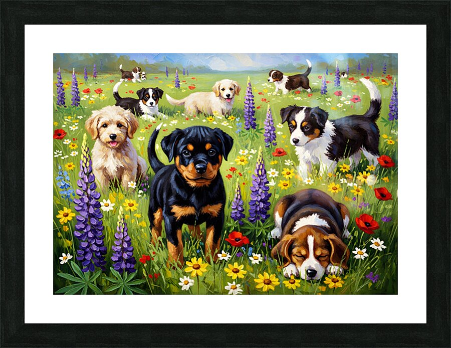 Rottweiler Puppy Discovers Wildflower Field Picture Frame print