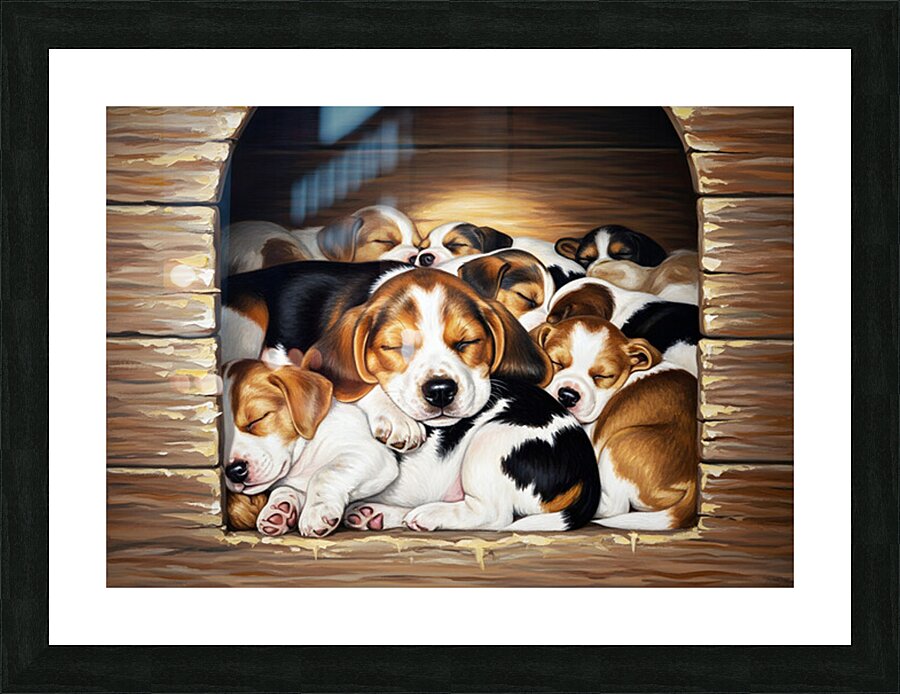 Beagle Puppy Sleeps Peacefully With Puppy Pile Impression et Cadre photo