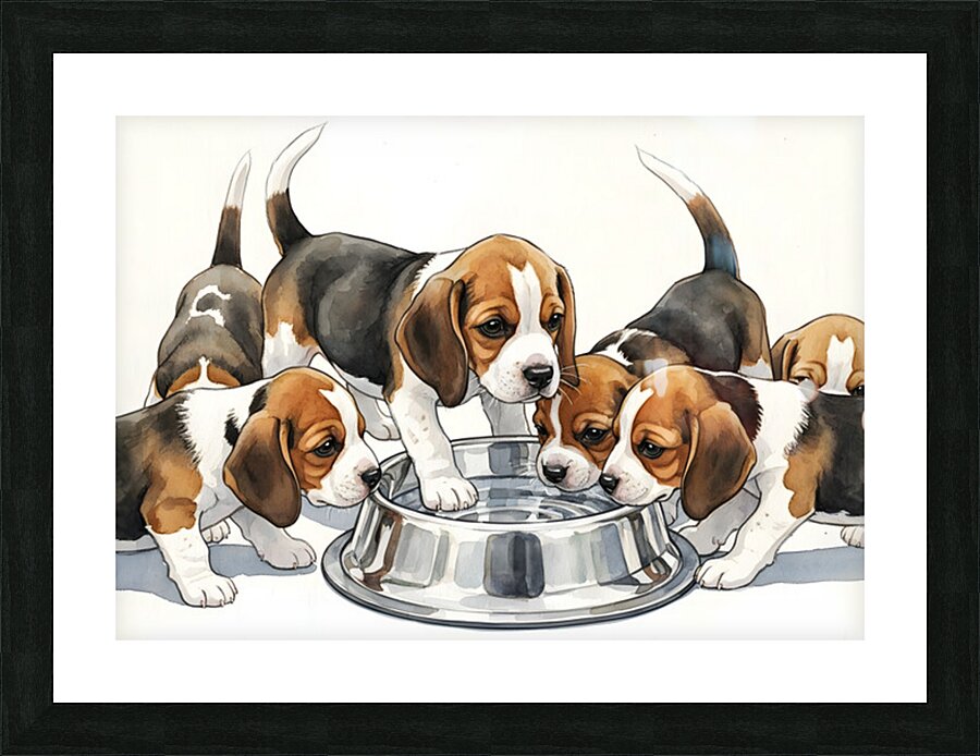 Beagle Puppy Approaches The Crowded Water Bowl Picture Frame print