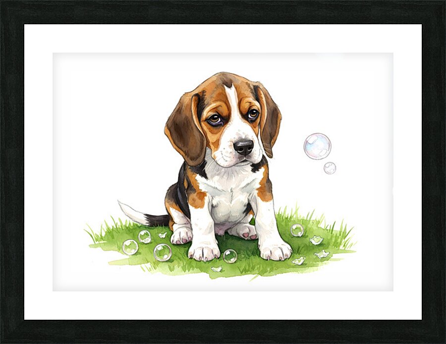 Beagle Puppy Confused After Bubbles Pop Away Picture Frame print