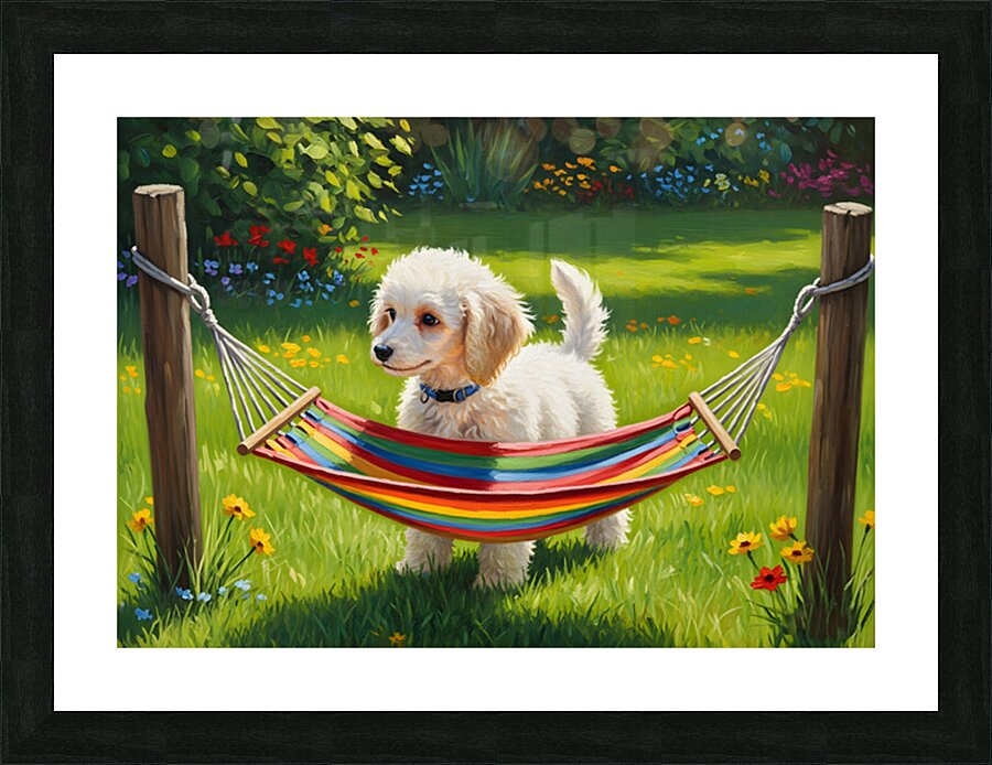 Poodle Puppy Discovers Tiny Hammock Picture Frame print