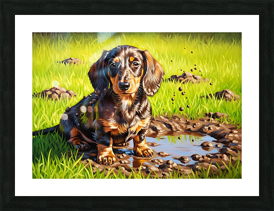 Muddy Dachshund Puppy Sits Contentedly Picture Frame print