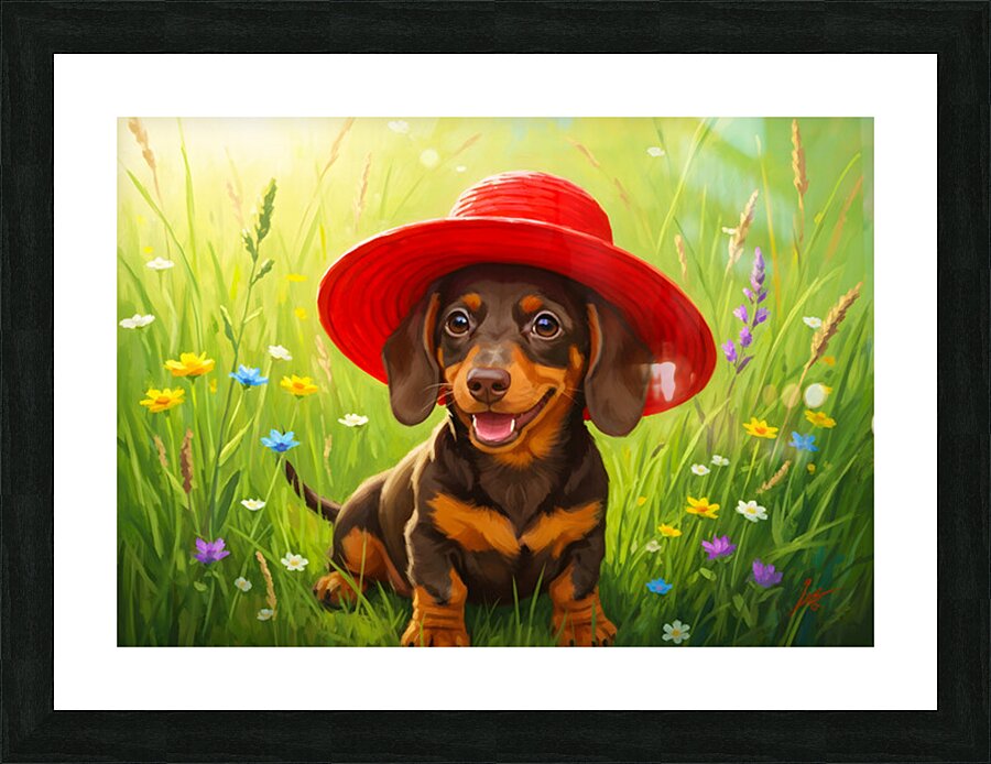 Dachshund Puppy Discovers A Giant Red Hat Picture Frame print