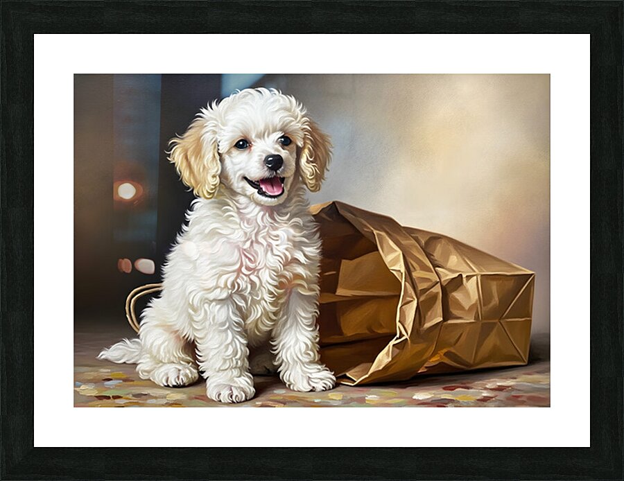 Triumphant Poodle Puppy Completes Paper Bag Adventure Picture Frame print