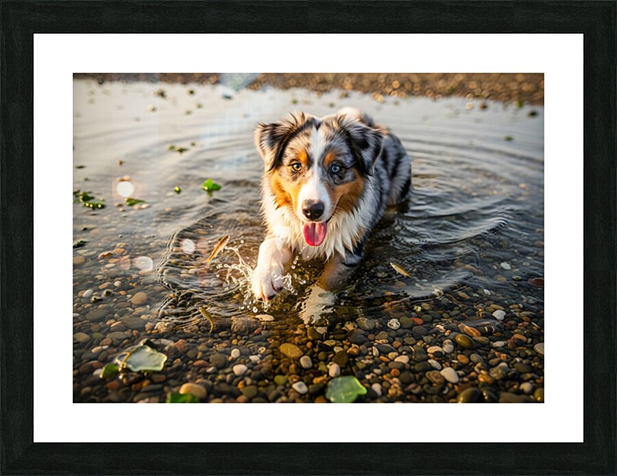 Playful Australian Shepherd Puppy Splashes In Shallow Tide Pool Impression et Cadre photo