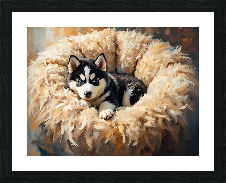 Little Husky Puppy Discovers Giant Cozy Dog Bed Impression et Cadre photo