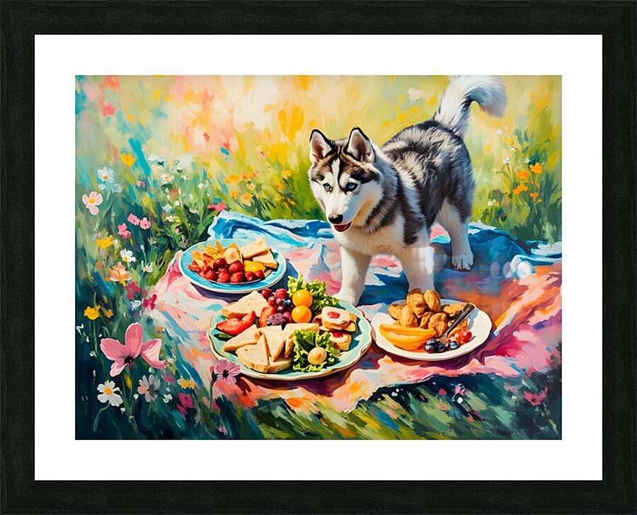 Husky Puppy Discovers Picnic Spread Impression et Cadre photo