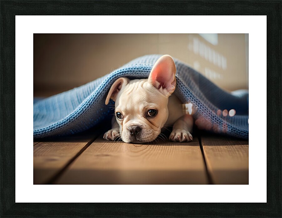 French Bulldog Puppy Discovers Cozy Blanket Adventure Picture Frame print