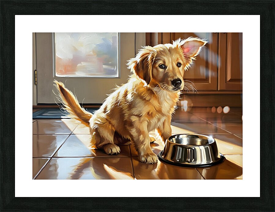 Golden Retriever Puppy Discovers Empty Food Bowl Picture Frame print