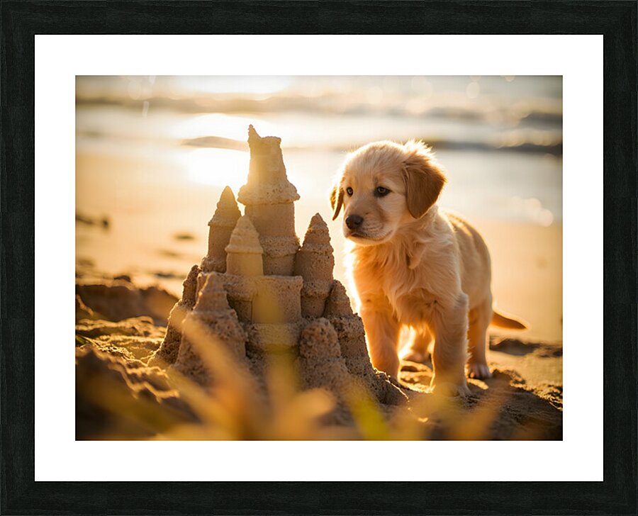 Golden Retriever Puppy Discovers Amazing Sand Castle Picture Frame print
