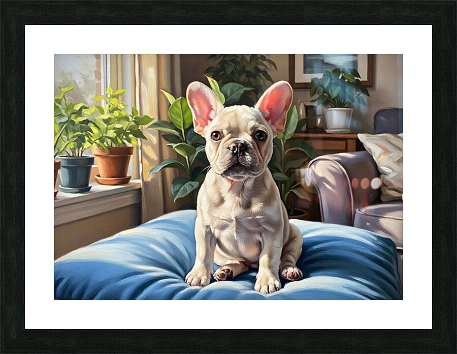 French Bulldog Puppy Sits Alert On Blue Cushion Impression et Cadre photo