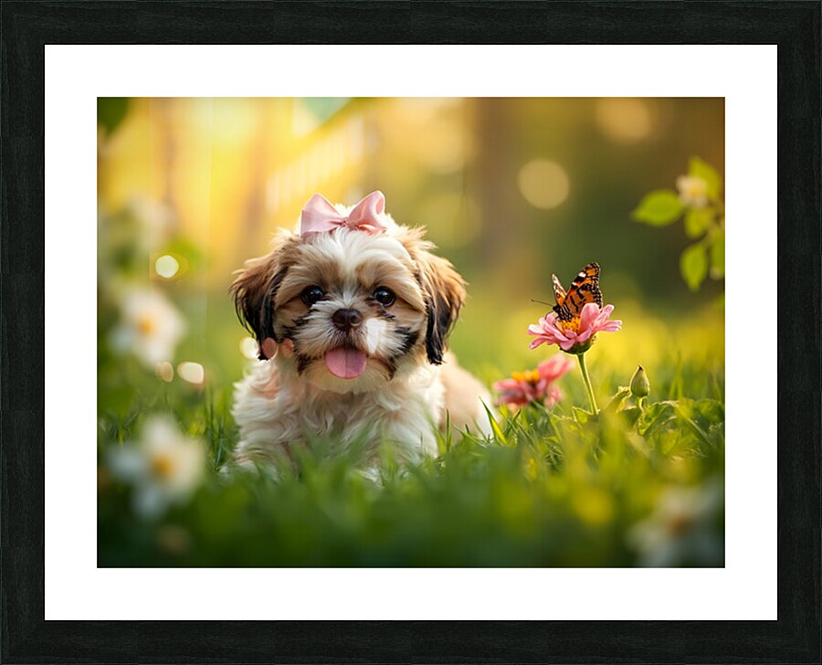 Content Shih Tzu Puppy Watches Butterfly Fly Away Picture Frame print