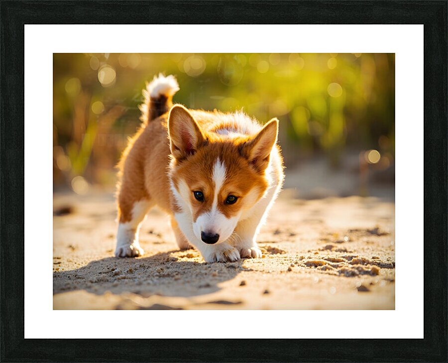 Corgi Puppy Discovers Sandy Shore Picture Frame print
