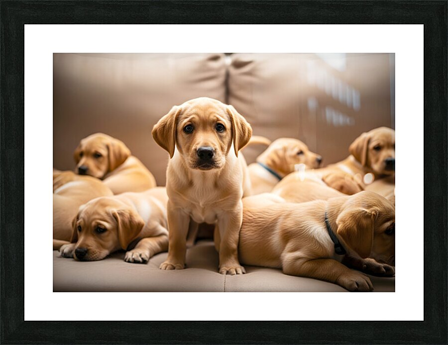 Happy Labrador Retriever Puppy Settles Into Cozy Spot Impression et Cadre photo
