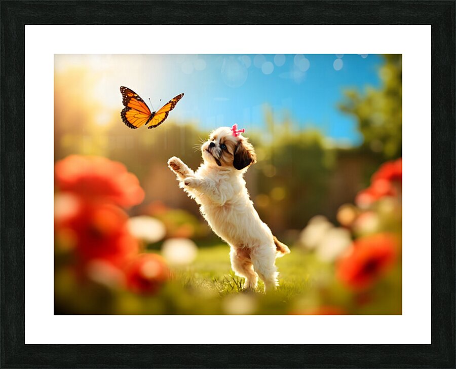Shih Tzu Puppy Discovers Beautiful Butterfly In Garden Impression et Cadre photo